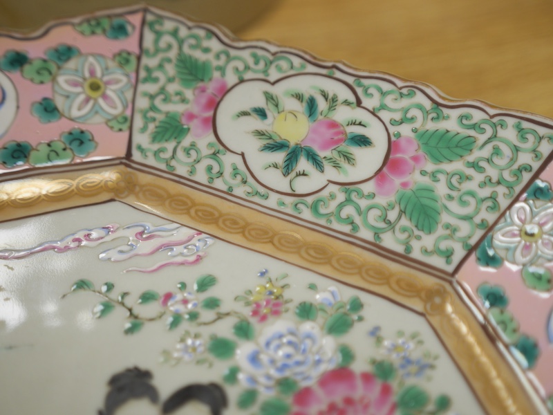 A Japanese famille rose octagonal dish, late 19th century, 34.5cm wide. Condition - good